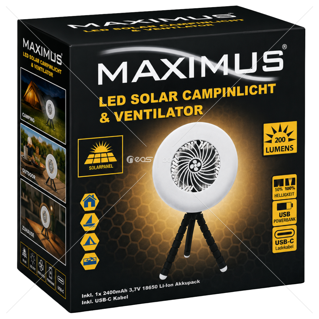 MAXIMUS Solar Breeze Pro 200 Lümen Güneş Enerjili LED Kamp Lambası ve Vantilatör 2400mAh USB-C Şarjlı