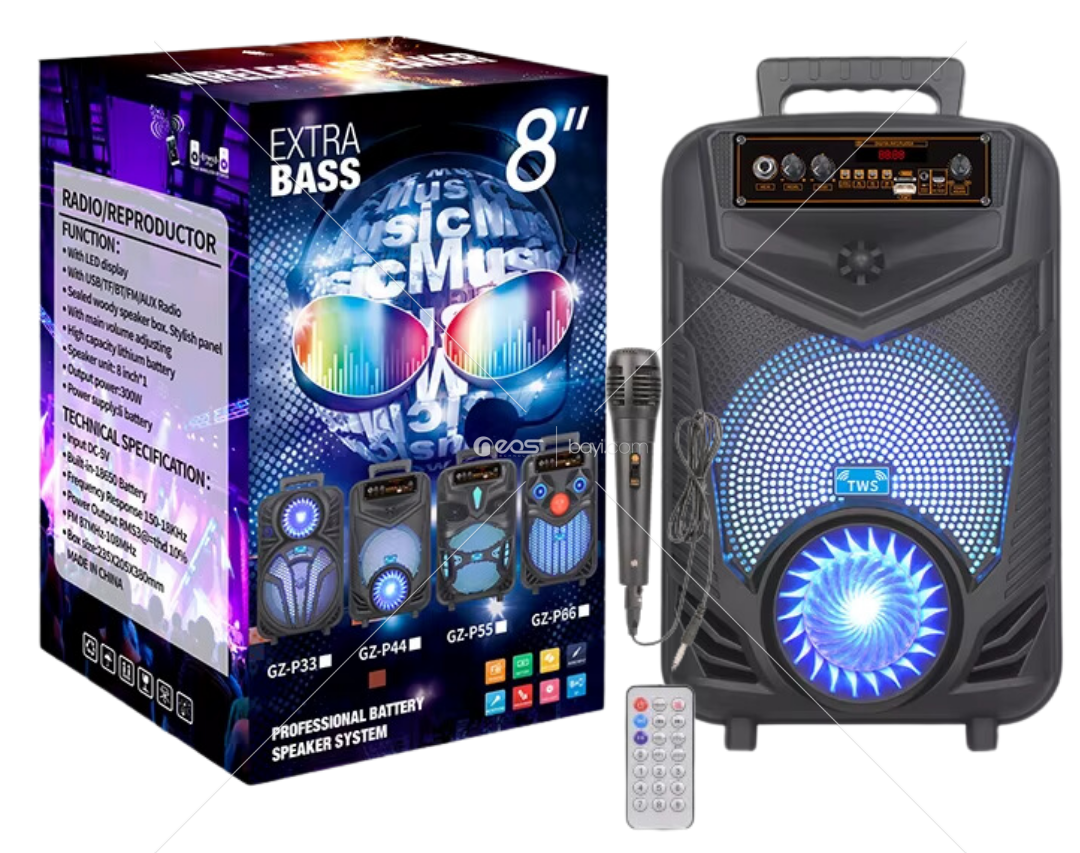 Mikrofonlu Kumandalı Led Işıklı Taşınabilir Bluetooth 8'' İnç Hoparlör USB-TF-FM Radyo Siyah NDR-P44