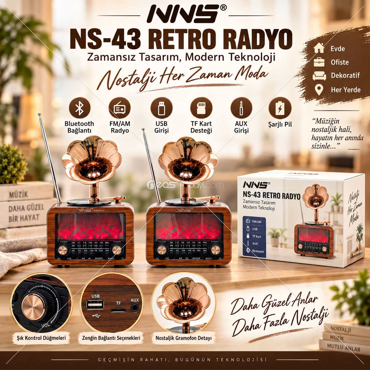 O-KAM OK-NS-03BT Bluetooth’lu Şarjlı Retro Radyo Müzik Kutusu – FM/AM, USB / TF Kart / AUX Destekli Nostaljik Tasarım